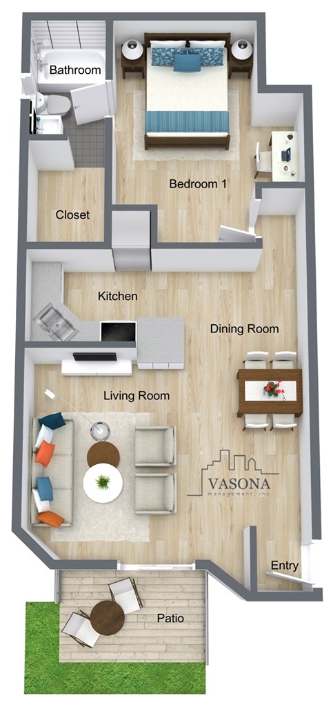 Floor plan for 1 bed, 1 bath, 581 sqft
